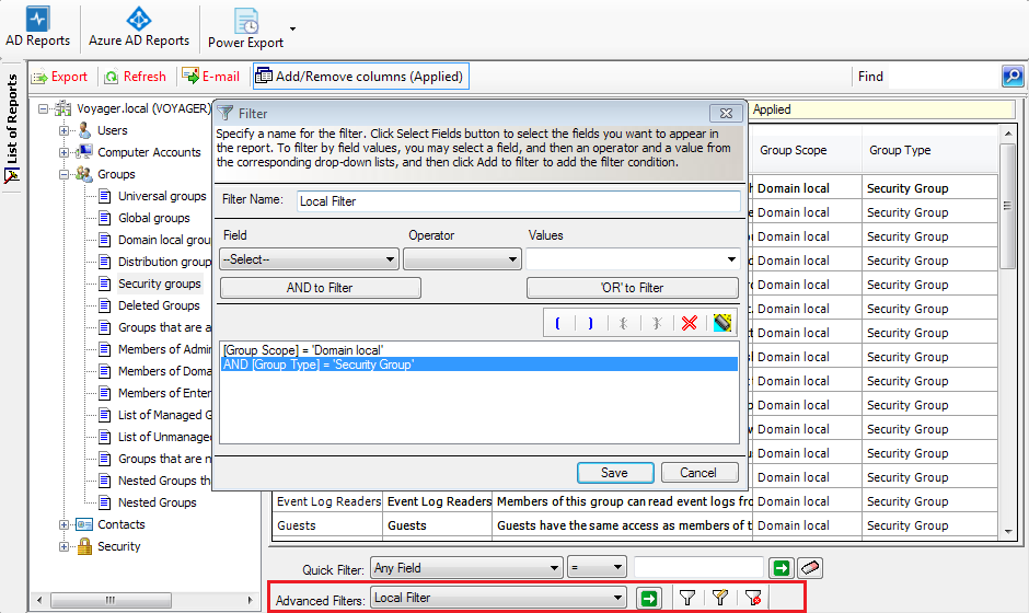 filter Active Directory reports