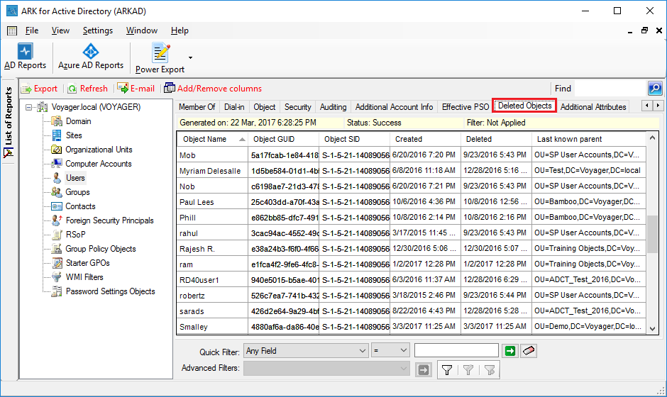 Active Directory Deleted Objects Report