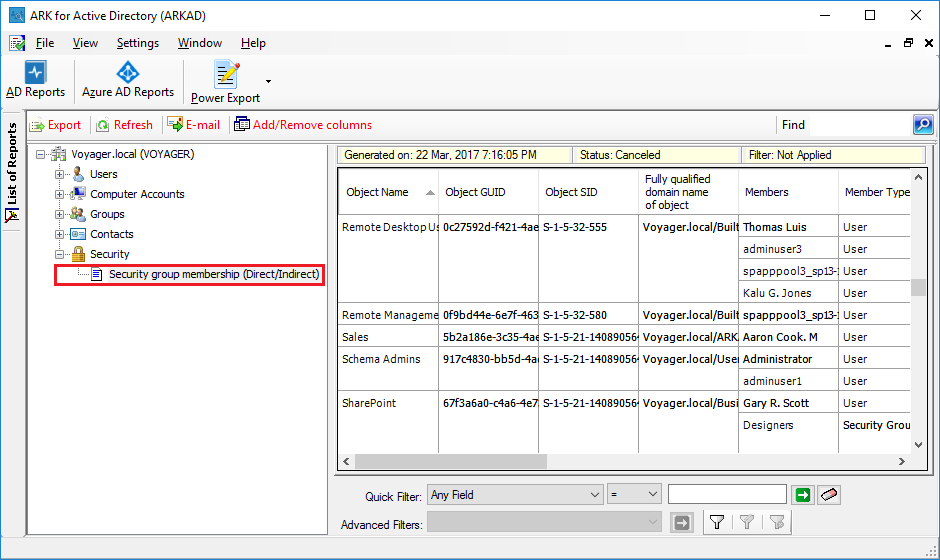 Active Directory Security Group Membership Report (Direct and Indirect)