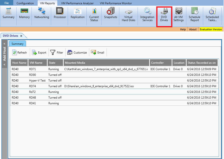 Shows virtual DVD drives information for each VM