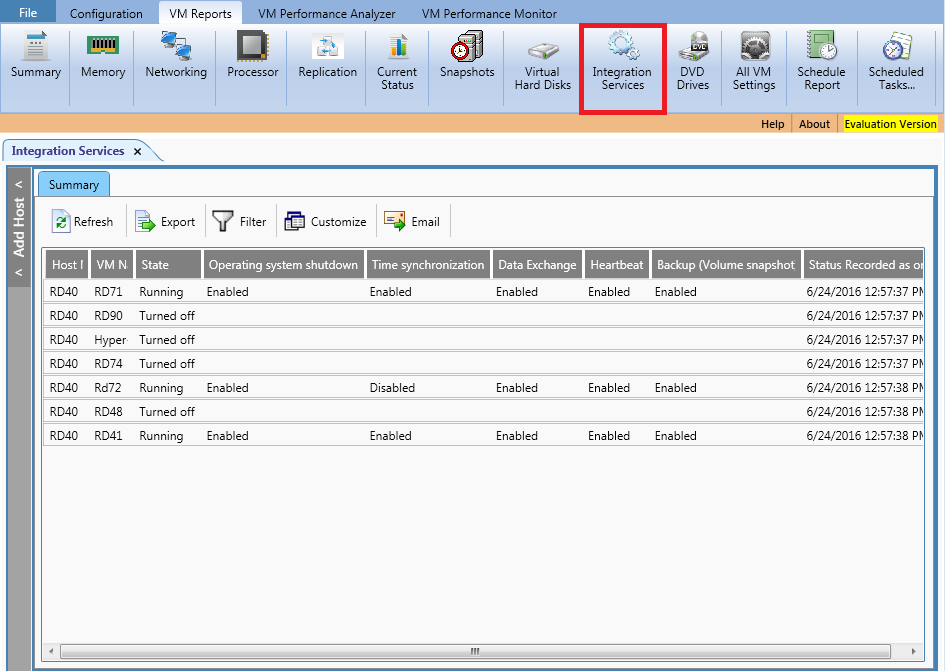 Shows integration services information for each VM