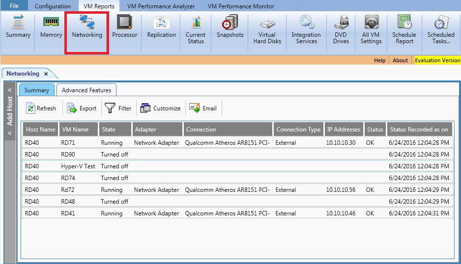 Shows virtual network settings for each VM