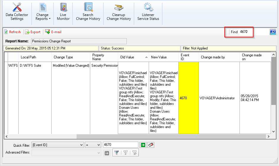 windows server reports search data