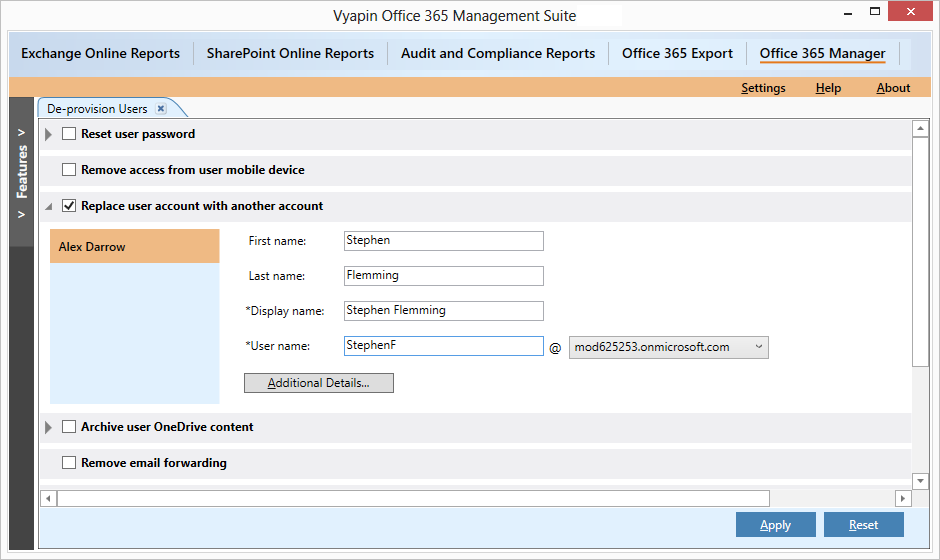 Replace a user account with another account in Office 365