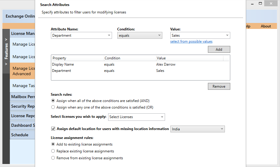 License Management feature based on rules provided