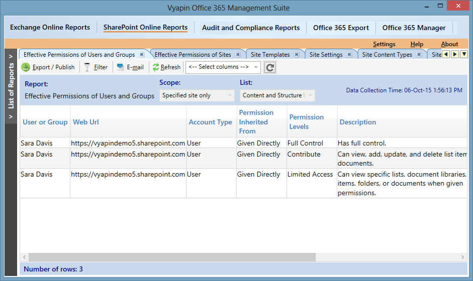 Office 365 SharePoint user permissions report