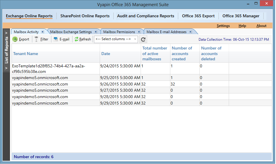 Activities on Office 365 mailboxes for a specified time period