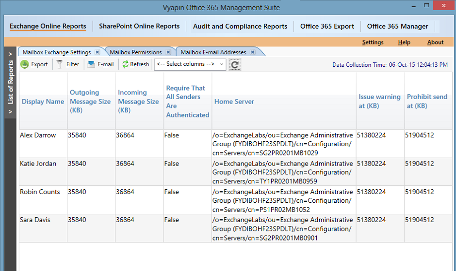 Office 365 Exchange Online mailbox configuration detail