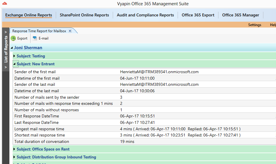 Response time report for mailbox