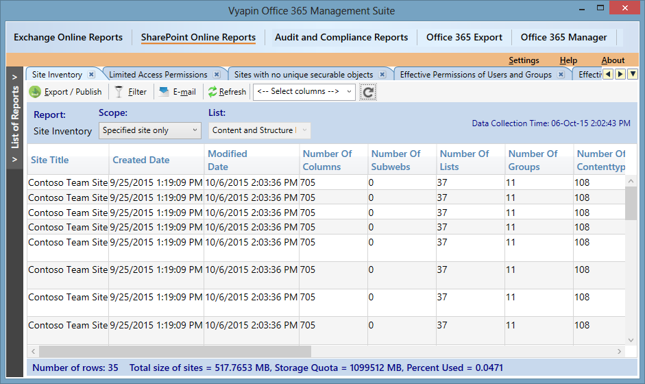 Office 365 SharePoint online site inventory