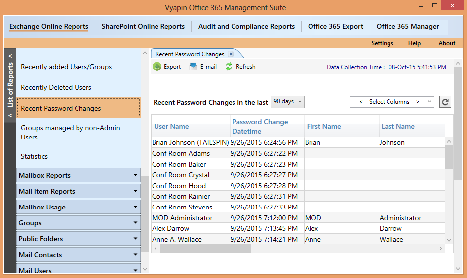 Recent Password Changes in Office 365